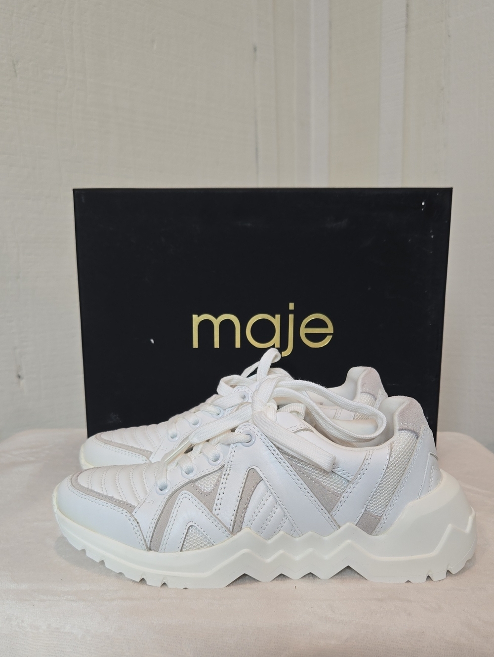 Maje White and Cream Taupe Platform Lace-Up Sneakers Sz 35